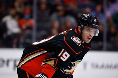 ANAHEIM, CALIFORNIA – MARCH 29: Troy Terry #19 of the Anaheim Ducks in the second period at Honda Center on March 29, 2022 in Anaheim, California. (Photo by Ronald Martinez/Getty Images)