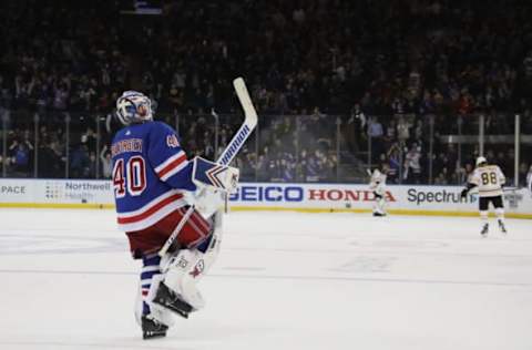 NEW YORK, NEW YORK – FEBRUARY 06: Alexandar Georgiev #40 of the New York Rangers races out of the net after winning a 4-3 shoot-out against the Boston Bruins at Madison Square Garden on February 06, 2019 in New York City. (Photo by Bruce Bennett/Getty Images)