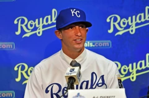 Jun 13, 2016; Kansas City, MO, USA; Kansas City Royals 2016 first round draft pick pitcher A.J. Puckett (16) addresses the media during a media conference prior to a game against the Cleveland Indians at Kauffman Stadium. Mandatory Credit: Peter G. Aiken-USA TODAY Sports