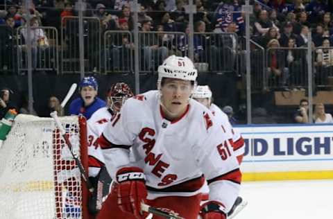 NEW YORK, NEW YORK – NOVEMBER 27: Jake Gardiner #51 of the Carolina Hurricanes skates against the New York Rangers at Madison Square Garden on November 27, 2019 in New York City. The Rangers defeated the Hurricanes 3-2. (Photo by Bruce Bennett/Getty Images)