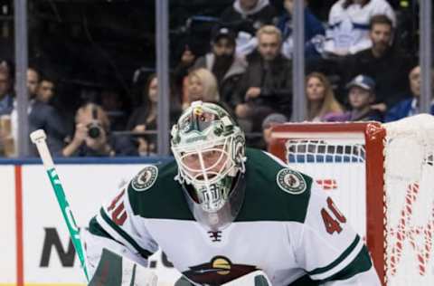 TORONTO, ON – OCTOBER 15: Minnesota Wild goalie Devan Dubnyk (40) tends the net during the NHL regular-season game between the Minnesota Wild and the Toronto Maple Leafs on October 15, 2019, at Scotiabank Arena in Toronto, ON, Canada. (Photo by Julian Avram/Icon Sportswire via Getty Images)