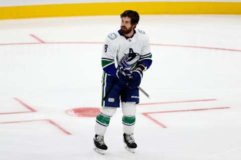 Garland on the ice for the Canucks in the Kraken’s first-ever home opener. (Photo by Steph Chambers/Getty Images)