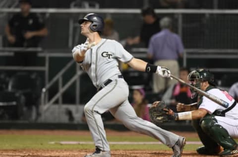 CORAL GABLES, FL – MARCH 10: Georgia Tech catcher Joey Bart (9) at bat during a college baseball game between the Georgia Tech Yellow Jackets and the University of Miami Hurricanes on March 10, 2017 at Alex Rodriguez Park at Mark Light Field, Coral Gables, Florida. Miami defeated Tech 10-8. (Photo by Richard C. Lewis/Icon Sportswire via Getty Images)