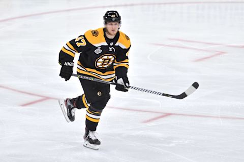 BOSTON, MA – MAY 27: Boston Bruins defenseman Torey Krug (47) looks for a pass from a teammate. During Game 1 of the Stanley Cup Finals featuring the Boston Bruins against the St. Louis Blues on May 27, 2019 at TD Garden in Boston, MA. (Photo by Michael Tureski/Icon Sportswire via Getty Images)