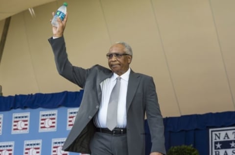 Jul 26, 2015; Cooperstown, NY, USA; Hall of Famer Robinson waves to the crowd after being introduced during the Hall of Fame Induction Ceremonies at Clark Sports Center. Mandatory Credit: Gregory J. Fisher-USA TODAY Sports