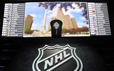 Jun 26, 2015; Sunrise, FL, USA; A general view of the podium on stage before the first round of the 2015 NHL Draft at BB&T Center. Mandatory Credit: Steve Mitchell-USA TODAY Sports