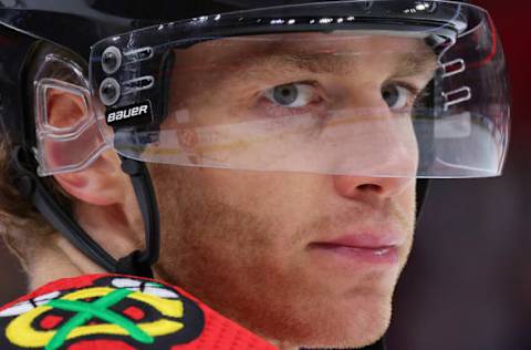 CHICAGO, ILLINOIS – FEBRUARY 21: Patrick Kane #88 of the Chicago Blackhawks looks on prior to the game against the Vegas Golden Knights at United Center on February 21, 2023, in Chicago, Illinois. (Photo by Michael Reaves/Getty Images)