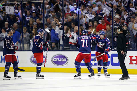 Apr 30, 2019; Columbus, OH, USA; Columbus Blue Jackets center Matt Duchene (95), left wing Nick Foligno (71), and left wing Artemi Panarin (9) celebrate after defeating the Boston Bruins in game three of the second round of the 2019 Stanley Cup Playoffs at Nationwide Arena. Mandatory Credit: Russell LaBounty-USA TODAY Sports