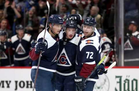 DENVER, COLORADO – JANUARY 02: Andre Burakovsky #95, Cale Makar #8 and Joonas Donskoi #72 of the Colorado Avalanche celebrate a goal by Makar against the St Louis Blues in the second period at the Pepsi Center on January 02, 2020 in Denver, Colorado. (Photo by Matthew Stockman/Getty Images)