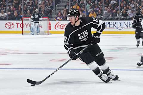 LOS ANGELES, CA – APRIL 7: Jonny Brodzinski #17 of the Los Angeles Kings handles the puck during a game against the Dallas Stars at STAPLES Center on April 7, 2018 in Los Angeles, California. (Photo by Adam Pantozzi/NHLI via Getty Images) *** Local Caption ***