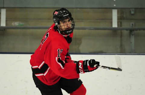 PRIOR LAKE, MN: Elk River Elks forward Jackson Perbix against the Holy Family Fire during a prep hockey game on Dec. 28, 2017. (Photo by Josh Holmberg/Icon Sportswire via Getty Images)