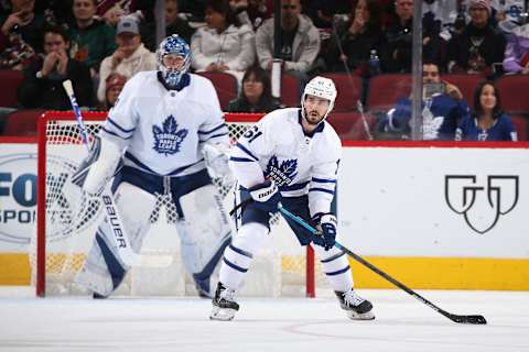 GLENDALE, ARIZONA – NOVEMBER 21: Nic Petan #61 of the Toronto Maple Leafs skates with the puck during the NHL game against the Arizona Coyotes at Gila River Arena on November 21, 2019 in Glendale, Arizona. The Maple Leafs defeated the Coyotes 3-1. (Photo by Christian Petersen/Getty Images)