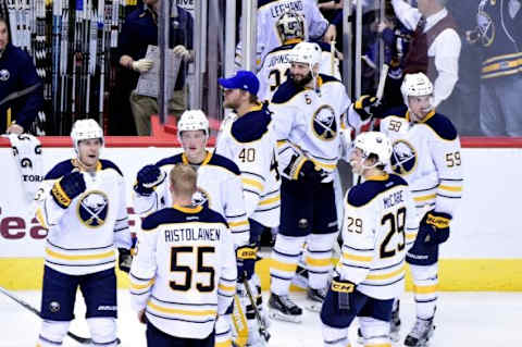 Jan 18, 2016; Glendale, AZ, USA; Btuffalo Sabres celebrate after beating the Arizona Coyotes 2-1 at Gila River Arena. Mandatory Credit: Matt Kartozian-USA TODAY Sports