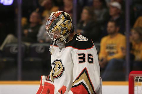 NASHVILLE, TN – NOVEMBER 25: A dejected Anaheim Ducks goalie John Gibson (36) is shown during the NHL game between the Nashville Predators and Anaheim Ducks, held on November 25, 2018, at Bridgestone Arena in Nashville, Tennessee. (Photo by Danny Murphy/Icon Sportswire via Getty Images)