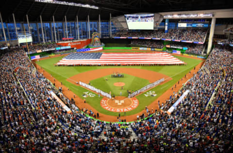 MIAMI, FL – JULY 11: A general view during the national anthem prior to the 88th MLB All-Star Game between the National League and the American League at Marlins Park on July 11, 2017 in Miami, Florida. (Photo by Mark Brown/Getty Images)