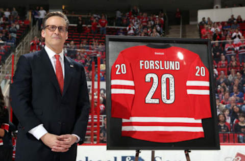 Television play by play announcer John Forslund of the Carolina Hurricanes (Photo by Gregg Forwerck/NHLI via Getty Images)