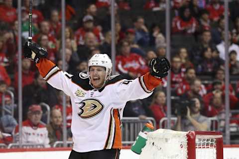 WASHINGTON, DC – DECEMBER 02: Hampus Lindholm #47 of the Anaheim Ducks celebrates his goal against the Washington Capitals during the third period at Capital One Arena on December 02, 2018 in Washington, DC. (Photo by Patrick Smith/Getty Images)