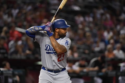 PHOENIX, AZ – SEPTEMBER 24: Matt Kemp #27 of the Los Angeles Dodgers gets ready in the batters box against the Arizona Diamondbacks at Chase Field on September 24, 2018 in Phoenix, Arizona. (Photo by Norm Hall/Getty Images)