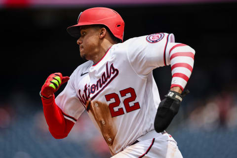 WASHINGTON, DC – JULY 13: Juan Soto #22 of the Washington Nationals attempts to get back to third base before being tagged out against the Seattle Mariners during the seventh inning of game one of a doubleheader at Nationals Park on July 13, 2022 in Washington, DC. (Photo by Scott Taetsch/Getty Images)