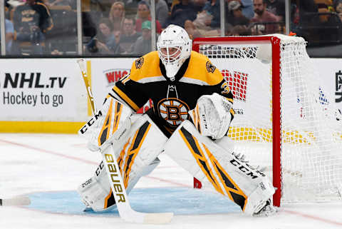 BOSTON, MA – SEPTEMBER 16: Boston Bruins goalie Zane McIntyre (31) eyes a face off during a preseason game on September 16, 2018, between the Boston Bruins and the Washington Capitals at TD Garden in Boston, Massachusetts. The Bruins defeated the Capitals 2-1 (SO). (Photo by Fred Kfoury III/Icon Sportswire via Getty Images)