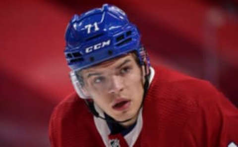 MONTREAL, QC – APRIL 28: Jake Evans #71 of the Montreal Canadiens prepares for a face-off during the second period against the Toronto Maple Leafs at the Bell Centre on April 28, 2021 in Montreal, Canada. The Toronto Maple Leafs defeated the Montreal Canadiens 4-1. (Photo by Minas Panagiotakis/Getty Images)