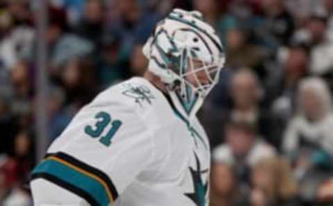 DENVER, COLORADO – JANUARY 16: Martin Jones #31 of the San Jose Sharks tends goal against the Colorado Avalanche in the second period at the Pepsi Center on January 16, 2020, in Denver, Colorado. (Photo by Matthew Stockman/Getty Images)