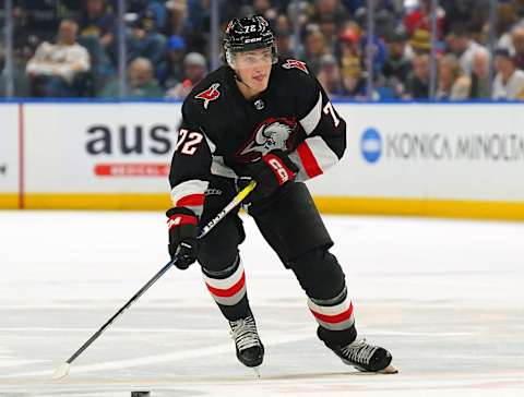 BUFFALO, NY – APRIL 13: Tage Thompson #72 of the Buffalo Sabres during the game against the Ottawa Senators at KeyBank Center on April 13, 2023 in Buffalo, New York. (Photo by Kevin Hoffman/Getty Images)