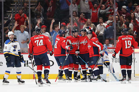 WASHINGTON, DC – SEPTEMBER 18: Richard Panik #14 of the Washington Capitals celebrates his goal with teammates against the St. Louis Blues during the third period of a preseason NHL game at Capital One Arena on September 18, 2019 in Washington, DC. (Photo by Patrick Smith/Getty Images)