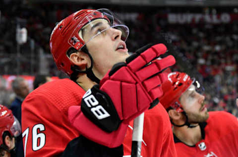 RALEIGH, NORTH CAROLINA – FEBRUARY 25: Brady Skjei #76 of the Carolina Hurricanes in action against the Dallas Stars during a game at PNC Arena on February 25, 2020 in Raleigh, North Carolina. (Photo by Grant Halverson/Getty Images)