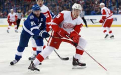 Mar 22, 2016; Tampa, FL, USA; Tampa Bay Lightning center Steven Stamkos (91) defends Detroit Red Wings right wing Anthony Mantha (39) during the second period at Amalie Arena. Mandatory Credit: Kim Klement-USA TODAY Sports