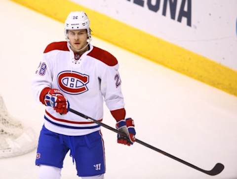 Feb 15, 2016; Glendale, AZ, USA; Montreal Canadiens defenseman Nathan Beaulieu (28) against the Arizona Coyotes at Gila River Arena. Mandatory Credit: Mark J. Rebilas-USA TODAY Sports