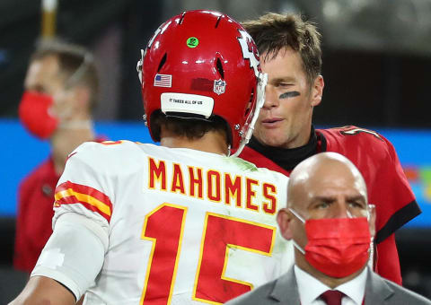 Patrick Mahomes, L, of the Kansas City Chiefs and Tom Brady of the Tampa Bay Buccaneers. Mandatory Credit: Kim Klement-USA TODAY Sports