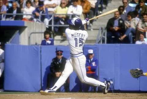 TORONTO, ONTARIO – CIRCA 1985: Lloyd Moseby #15 of the Toronto Blue Jays bats during a Major League Baseball game circa 1985 at Exhibition Stadium in Toronto, Ontario. Moseby played for the Blue Jay from 1980-89. (Photo by Focus on Sport/Getty Images)