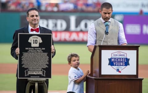 Jul 30, 2016; Arlington, TX, USA; An inductee into the Texas Rangers Hall of Fame in 2016, Young is also named to the Rangers / Senators All-Time 25-Man Roster. Mandatory Credit: Jerome Miron-USA TODAY Sports