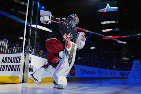 Mar 3, 2023; Columbus, Ohio, USA; Columbus Blue Jackets goaltender Elvis Merzlikins (90) takes the ice before the game against the Seattle Kraken at Nationwide Arena. Mandatory Credit: Jason Mowry-USA TODAY Sports