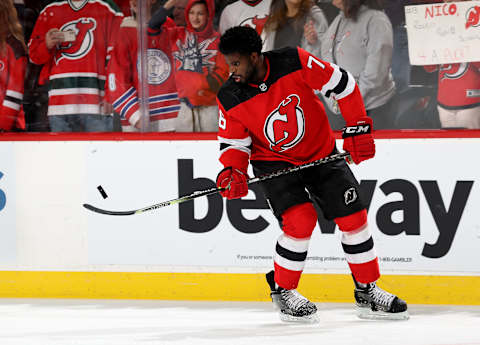 NEWARK, NEW JERSEY – APRIL 21: P.K. Subban #76 of the New Jersey Devils bounces the puck during warm ups before the game against the Buffalo Sabres at Prudential Center on April 21, 2022 in Newark, New Jersey. (Photo by Elsa/Getty Images)