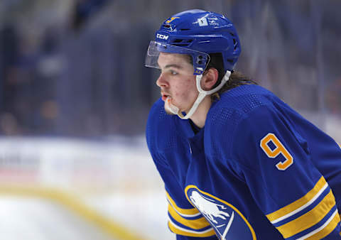 Sep 26, 2023; Buffalo, New York, USA; Buffalo Sabres left wing Zach Benson (9) waits for the face-off during the second period against the Boston Bruins at KeyBank Center. Mandatory Credit: Timothy T. Ludwig-USA TODAY Sports