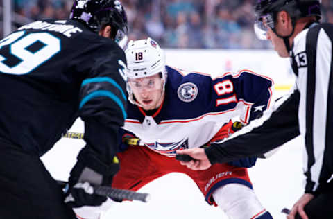 SAN JOSE, CA – NOVEMBER 01: Columbus Blue Jackets center Pierre-Luc Dubois (18) prepares for a faceoff during the San Jose Sharks game versus the Columbus Blue Jackets on November 1, 2018, at SAP Center in San Jose, CA (Photo by Matt Cohen/Icon Sportswire via Getty Images)