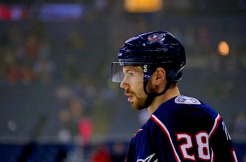 COLUMBUS, OH – MARCH 9: Oliver Bjorkstrand #28 of the Columbus Blue Jackets warms up prior to the start of the game against the Detroit Red Wings on March 9, 2018 at Nationwide Arena in Columbus, Ohio. (Photo by Kirk Irwin/Getty Images)