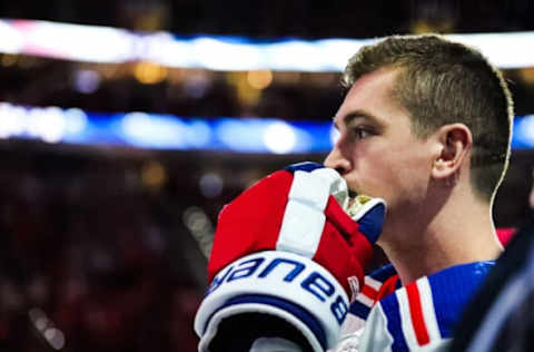 RALEIGH, NC – MARCH 23: Jimmy Vesey #26 of the New York Rangers looks on before the first period of the game against the Carolina Hurricanes at PNC Arena on March 23, 2023, in Raleigh, North Carolina. Rangers win over Hurricanes 2-1. (Photo by Jaylynn Nash/Getty Images)