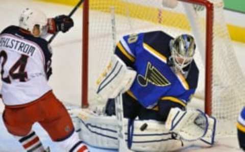 Sep 22, 2015; St. Louis, MO, USA; St. Louis Blues goalie Jordan Binnington (30) makes a save against the Columbus Blue Jackets during the third period at Scottrade Center. Mandatory Credit: Jasen Vinlove-USA TODAY Sports