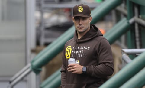 Apr 12, 2021; Pittsburgh, Pennsylvania, USA; San Diego Padres associate manager Skip Schumaker (56) looks on in the dugout before a game against the Pittsburgh Pirates at PNC Park. Mandatory Credit: Charles LeClaire-USA TODAY Sports