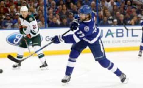 Tampa Bay Lightning defenseman Victor Hedman (77) shoots and scores a goal against the Minnesota Wild during the first period at Amalie Arena. (Kim Klement-USA TODAY Sports)