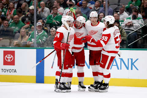 Lucas Raymond and Moritz Seider Celebrate after Red Wings Goal.(Photo by Tom Pennington/Getty Images)