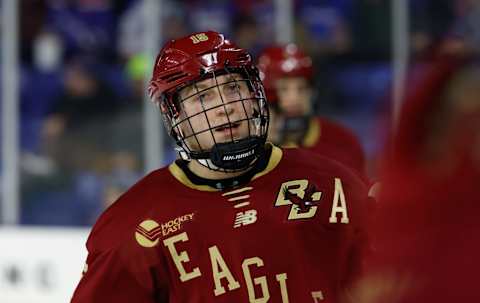 LOWELL, MA – FEBRUARY 3: Trevor Kuntar #15 of the Boston College Eagles skates against the UMass Lowell River Hawks during a NCAA men’s hockey game at the Tsongas Center on February 3, 2023 in Lowell, Massachusetts. The River Hawks won 3-2 in a shootout. (Photo by Richard T Gagnon/Getty Images)