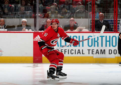 RALEIGH, NC – DECEMBER 29: Jeff Skinner #53 of the Carolina Hurricanes skates for position on the ice during an NHL game against the Pittsburgh Penguins on December 29, 2017 at PNC Arena in Raleigh, North Carolina. (Photo by Gregg Forwerck/NHLI via Getty Images)