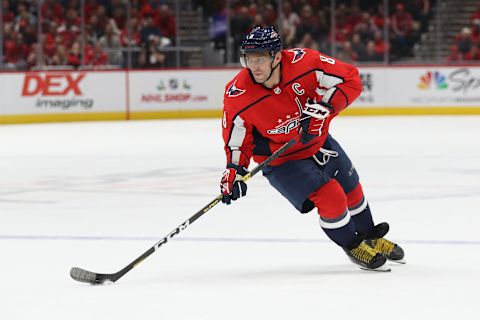 WASHINGTON, DC – NOVEMBER 29: Alex Ovechkin #8 of the Washington Capitals skates with the puck against the Tampa Bay Lightning at Capital One Arena on November 29, 2019 in Washington, DC. (Photo by Patrick Smith/Getty Images)