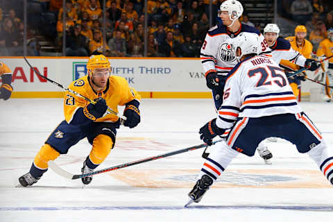 NASHVILLE, TN – OCTOBER 27: Rocco Grimaldi #23 of the Nashville Predators plays against the Edmonton Oilers during the first period at Bridgestone Arena on October 27, 2018 in Nashville, Tennessee. (Photo by Frederick Breedon/Getty Images)