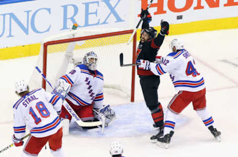 Vincent Trocheck #16 of the Carolina Hurricanes celebrates a short-handed goal . (Photo by Andre Ringuette/Getty Images)