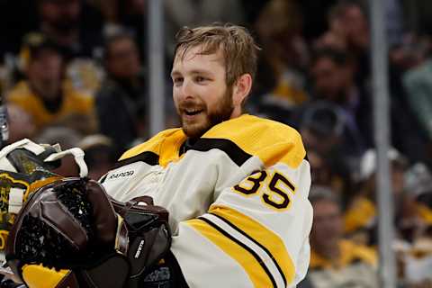 Oct 11, 2023; Boston, Massachusetts, USA; Boston Bruins goaltender Linus Ullmark (35) during the third period against the Chicago Blackhawks at TD Garden. Mandatory Credit: Winslow Townson-USA TODAY Sports